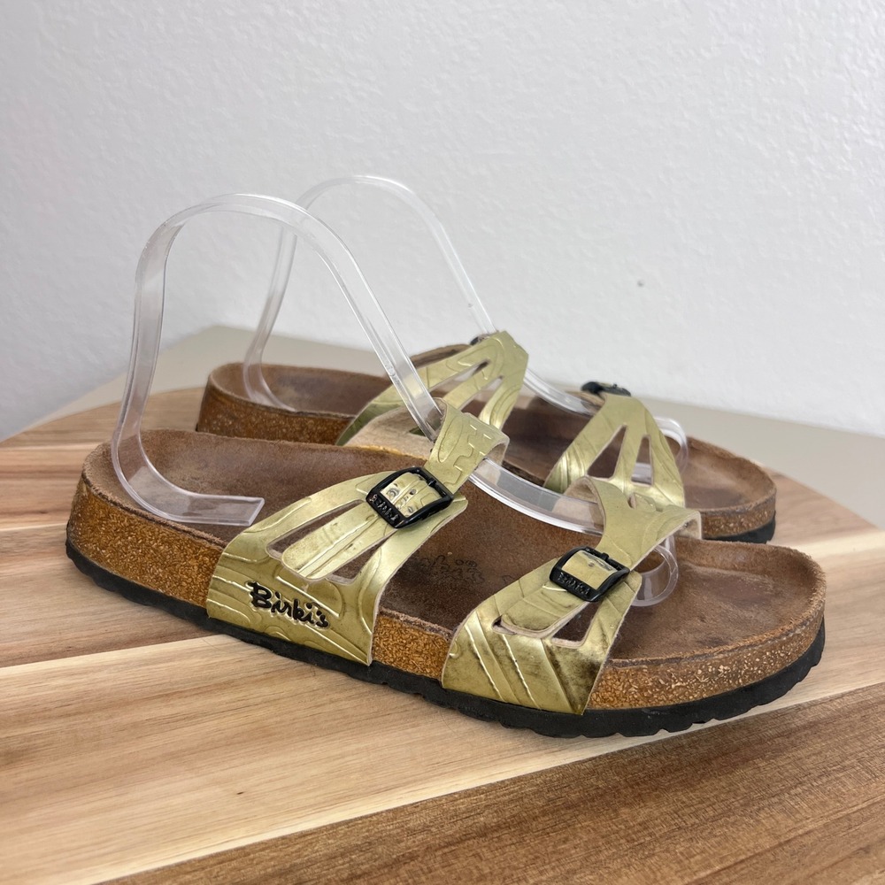 Birkis Birkenstock Granada Sandals Women 40 US 9 Gold Leather Cork Slide Comfort